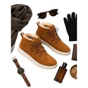 AU & MU Shearling Lined Suede Winter Sneaker Boots Tan Men's Size 8.5 NWOT/EUC